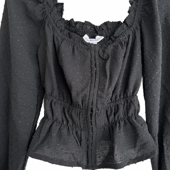 Dobby Dot Blouson Long Ruffle Sleeve Sweetheart Top And Now This Black NWT XXS - Picture 6 of 6